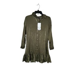 Zara Womens Dress Shirt Mini Collared Long Sleeve Satin Ruffled Hem Green XS NWT